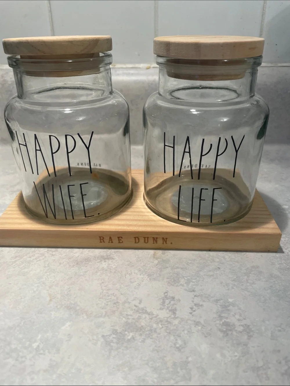Rae Dunn Clear Glass Canister Pair with Natural Wood Lids